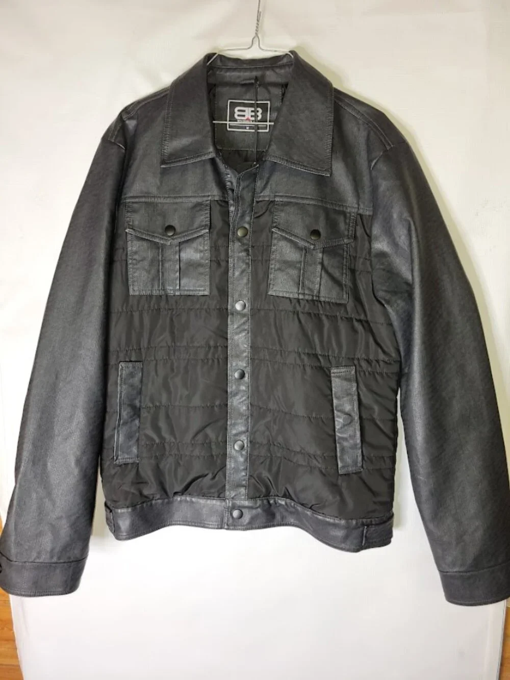 Benjamin Black Med Men’s Black Mixed Media Faux Leather Quilted Trucker Jacket